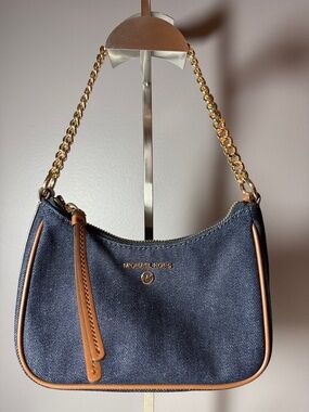 Michael Kors Denim Shoulder Bag with Brown Trim and Gold Chain